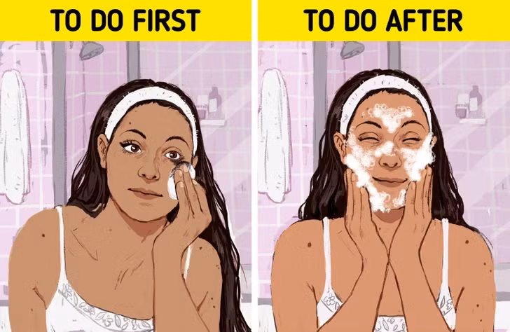Làm sạch 2 lần: Đây là bước chăm sóc da mặt thiết yếu. Dầu tẩy trang sẽ giúp bạn loại bỏ lớp trang điểm hoặc cặn kem chống nắng tích tụ trên da. Thoa một vài giọt dầu tẩy trang lên da khô theo chuyển động tròn, rửa sạch bằng nước ấm và thấm khô bằng khăn sạch. Tiếp theo sử dụng sữa/gel rửa mặt để loại bỏ mồ hôi, da chết hoặc các hạt ô nhiễm. Thoa sản phẩm lên da ướt, massage theo chuyển động tròn, rửa sạch bằng nước ấm, lau khô bằng khăn sạch.