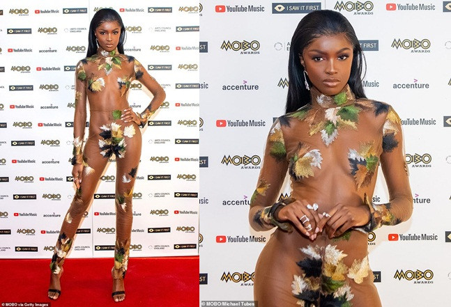 Leomie Anderson gây choáng váng khi mặc trang phục xuyên thấu hở bạo trên thảm đỏ lễ trao giải âm nhạc MOBO 2020 tổ chức ở London (Anh) mới đây.