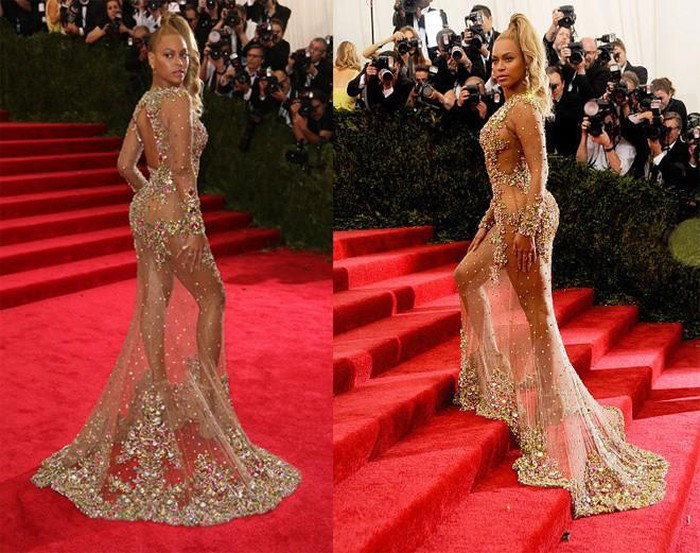 Beyonce khiến những ai có mặt tại thảm đỏ Met Gala 2015 phải đỏ mặt với một thiết kế xuyên thấu táo bạo, hầu như để lộ toàn bộ cơ thể ngoại trừ vùng kín.