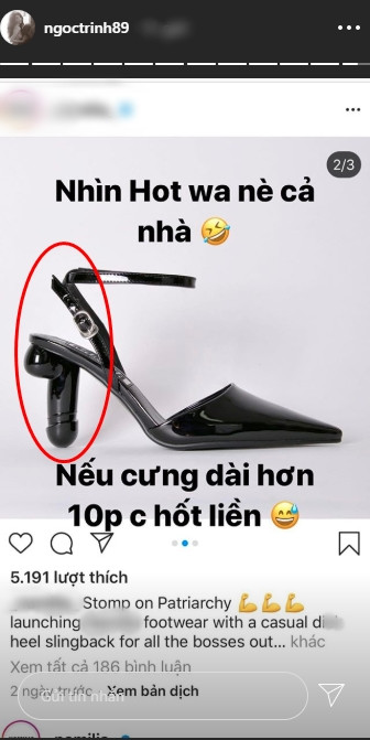 Cách đây không lâu, Ngọc Trinh cũng nhá hàng mẫu giày có đế giống "của quý" nam giới khiến cô mê tít. Tuy nhiên, người đẹp lại đòi hỏi đế phải dài trên mười phân mới ưng.