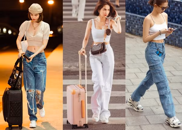 Ngoài ra, Ngọc Trinh cũng thường xuyên xuất hiện với phong cách street style trẻ trung, năng động cùng những đôi giày sneaker màu trắng.