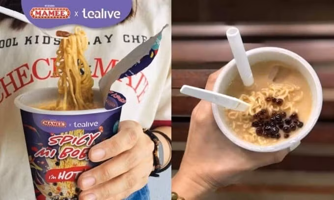 Món mì tôm trà sữa trân châu với nước sốt là trà sữa và topping trân châu mới ra mắt ở Malaysia khiến nhiều thực khách tò mò.