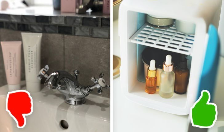 6. Kem dưỡng da mặt: Khi kem dưỡng da không được đậy chặt hoặc đậy kín, không khí ẩm ướt trong phòng tắm có thể kích thích hoặc vi khuẩn gây mụn phát triển. Và mỗi khi bạn tắm nước nóng, hơi nóng có thể khiến các thành phần bị tách ra. Nơi hoàn hảo để cất các sản phẩm chăm sóc da của bạn là ngăn kéo khô bên ngoài phòng tắm hoặc tủ lạnh.