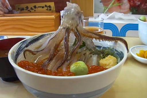 Trong món Odori-don, chú mực đã được cắt bỏ phần đầu và đã chết hẳn. Nhưng khi rót nước tương lên xúc tu sẽ tạo ra một loại xung điện, tạo nên những co giật như thể chú mực vẫn còn sống và “nhảy múa”.