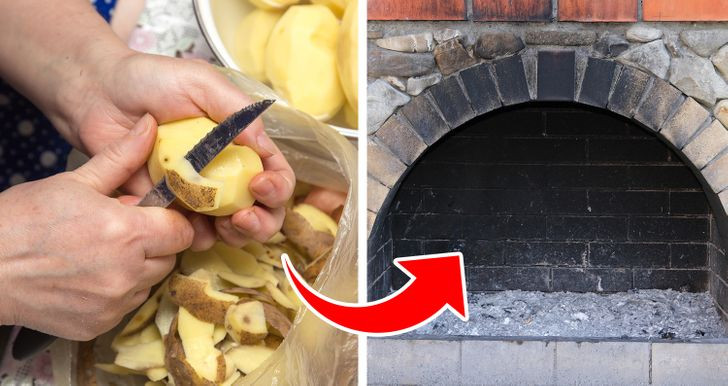 4. Vỏ khoai tây: Cách dễ nhất để làm sạch lò sưởi là đốt một ít vỏ khoai tây trong đó. Để vỏ khoai tây khô trong tối đa 48 giờ vì vỏ ẩm sẽ không có tác dụng đối với phương pháp làm sạch này. Trải vỏ khoai tây lên khay lò sưởi để đốt.