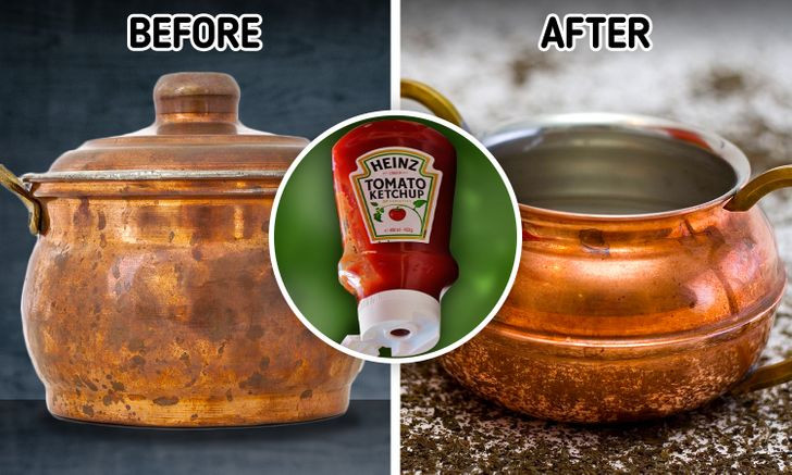 7. Tương cà: Tương cà có thể làm sạch những chiếc nồi đồng trở nên sáng bóng và trông như mới. Cho một ít tương cà lên chiếc nồi cần làm sạch để một lúc rồi lau và rửa sạch. Phương pháp tương tự có thể được sử dụng để làm sạch thép không gỉ.