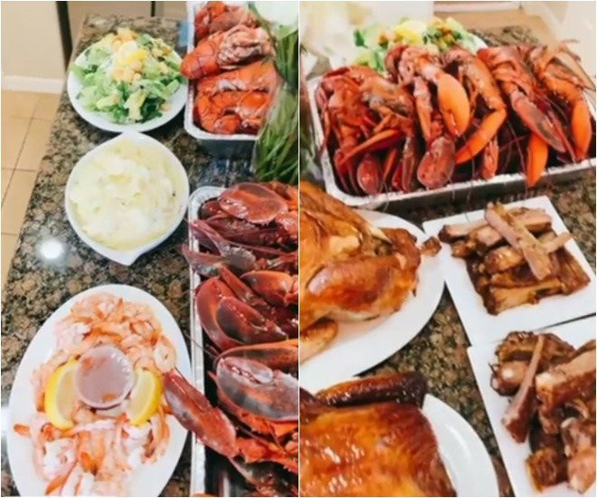 Tiệc Giáng sinh nhà Phạm Hương gồm 6 món thịnh soạn, khẩu phần đầy đặn, đủ cho cả gia đình. Món ăn chính không thể thiếu trong đêm Noel của các gia đình Âu Mỹ là thịt gà tây nướng. Tiếp đó là tôm hùm nướng, sườn nướng, nui xào, salad rau quả...