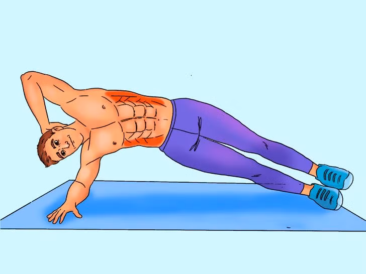 6. Gập bụng xiên bên: Bắt đầu ở tư thế plank nghiêng người. Từ đó, đưa tay ra sau đầu và gập người sang một bên. Khi bạn đẩy đầu xuống, thân người đi lên và khi bạn kéo đầu lên, thân của bạn sẽ đi xuống. Thực hiện trong 50 giây và sau đó nghỉ 10 giây.