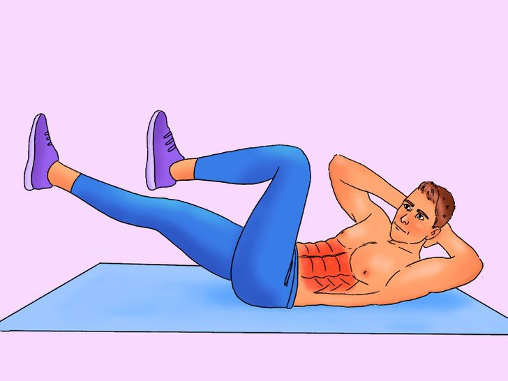 9. Gập bụng đạp xe: Đầu tiên, bạn giữ thân người ở tư thế gập bụng, sau đó 2 chân nâng lên cao và thực hiện động tác đạp xe trên không. Thực hiện bài tập trong 50 giây và nghỉ 10 giây nữa.