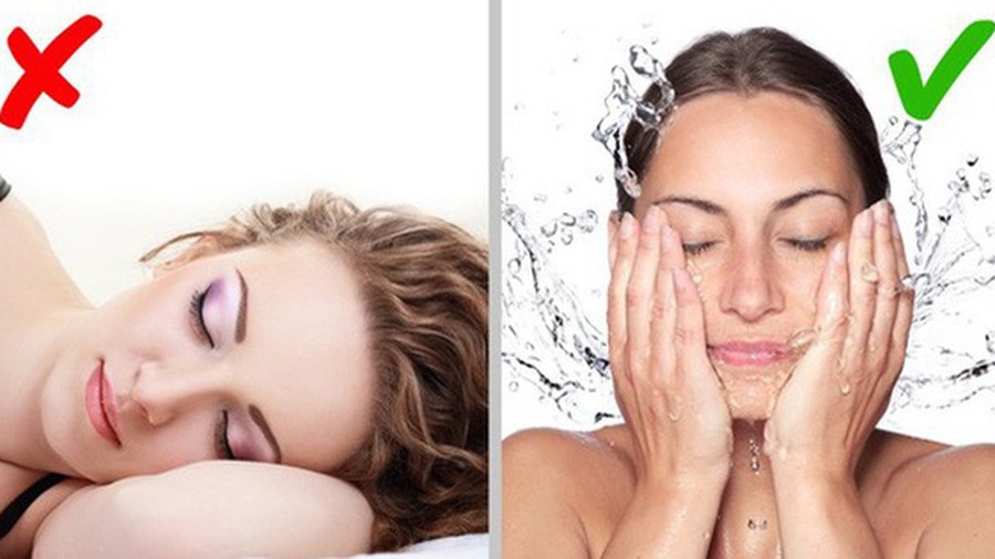 Không tẩy trang khi ngủ: Thói quen lười tẩy trang trước khi đi ngủ, lớp trang điểm còn sót lại có thể làm tắc nghẽn lỗ chân lông, gây rối loạn bài tiết tuyến mồ hôi, từ đó gây ra mụn nhanh chóng làm hỏng da mặt của bạn. Chính vì vậy, dù bạn đang mệt mỏi như thế nào thì cũng nên rửa mặt trước khi đi ngủ không chỉ loại bỏ các kích thích xấu của lớp trang điểm còn lại trên da mặt, mà còn giúp ngủ ngon.