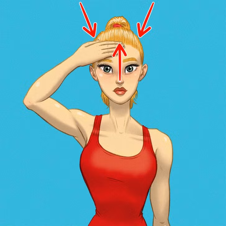 Cổ cao thon hơn: Ở tư thế ngồi, giữ thẳng lưng, cúi đầu về phía trước trong khi một tay đỡ ở trán, cản lại lực đẩy của đầu. Giữ nguyên tư thế trong nửa phút rồi thả lỏng. Lặp lại động tác 3 lần.