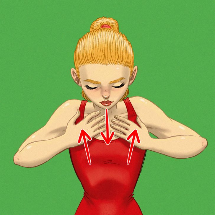 Loại bỏ nếp nhăn ở cằm và cổ: Đứng thẳng, cúi đầu để cằm hướng về ngực, hai tay đặt lên xương đòn, kéo căng vùng da cổ. Giữ nguyên tư thế trong nửa phút rồi thả lỏng. Lặp lại động tác 3 lần.