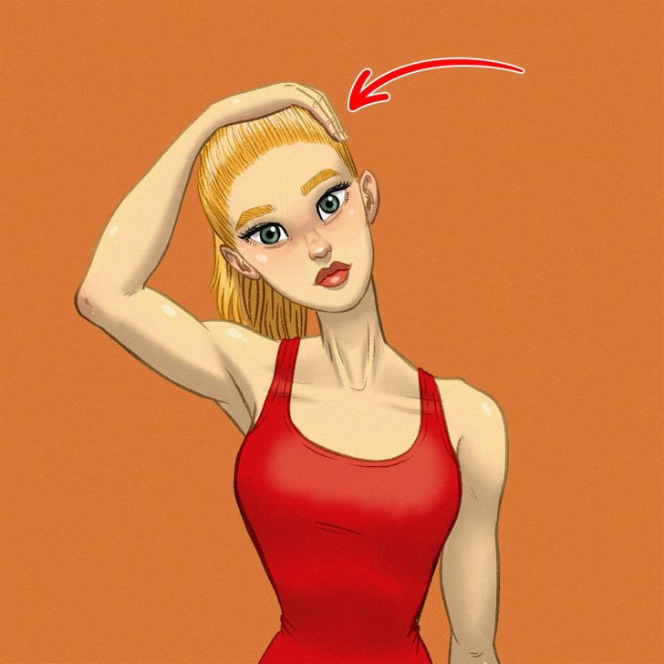 Làm săn chắc da cổ: Ở tư thế ngồi, giữ lưng và cổ thẳng, tay phải kéo đầu nghiêng sang phải, kéo căng cơ cổ hết sức. Giữ nguyên tư thế trong nửa phút rồi thả lỏng. Lặp lại tương tự 3 lần mỗi bên. Ảnh: BS.