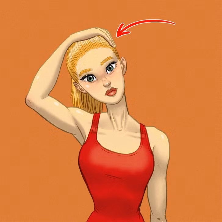 Làm săn chắc da cổ: Ở tư thế ngồi, giữ lưng và cổ thẳng, tay phải kéo đầu nghiêng sang phải, kéo căng cơ cổ hết sức. Giữ nguyên tư thế trong nửa phút rồi thả lỏng. Lặp lại tương tự 3 lần mỗi bên. Ảnh: BS.