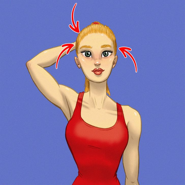 Giúp cổ cao hơn: Ở tư thế ngồi, giữ thẳng lưng và đầu, đặt tay sau đầu. Cúi đầu về phía trước trong khi một tay ấn từ phía sau đầu. Giữ nguyên tư thế trong nửa phút rồi thả lỏng. Lặp lại động tác 3 lần.