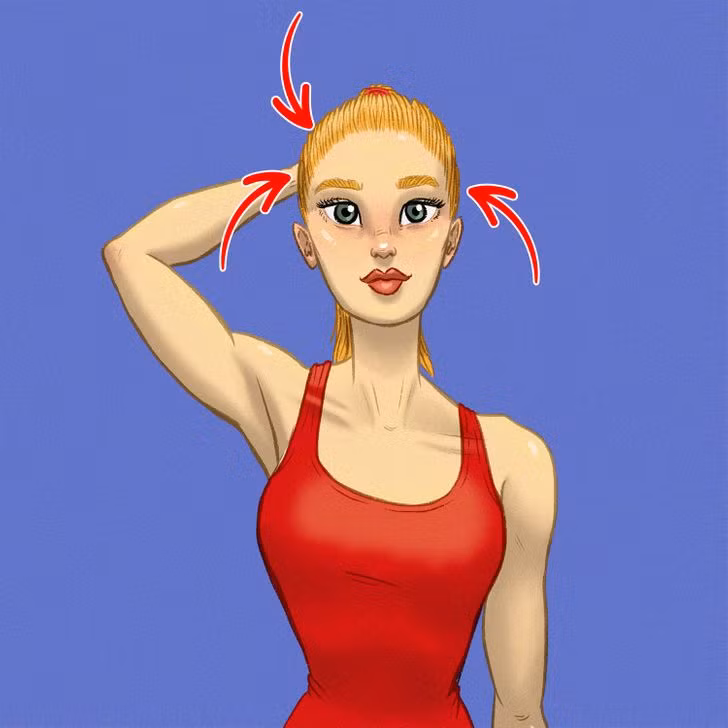 Giúp cổ cao hơn: Ở tư thế ngồi, giữ thẳng lưng và đầu, đặt tay sau đầu. Cúi đầu về phía trước trong khi một tay ấn từ phía sau đầu. Giữ nguyên tư thế trong nửa phút rồi thả lỏng. Lặp lại động tác 3 lần.