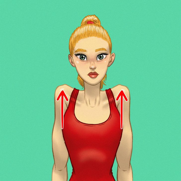 Giúp thon dài cổ: Ở tư thế ngồi, giữ lưng và cổ thẳng, nâng cao hai vai hết sức có thể. Giữ nguyên tư thế trong nửa phút rồi thả lỏng. Lặp lại động tác 3 lần.