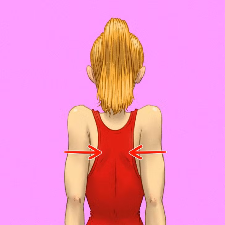 Kéo căng vai: Ngồi thẳng lưng, ép chặt hai bả vai về phía lưng hết sức có thể. Giữ nguyên tư thế trong nửa phút rồi thả lỏng. Lặp lại động tác 3 lần.