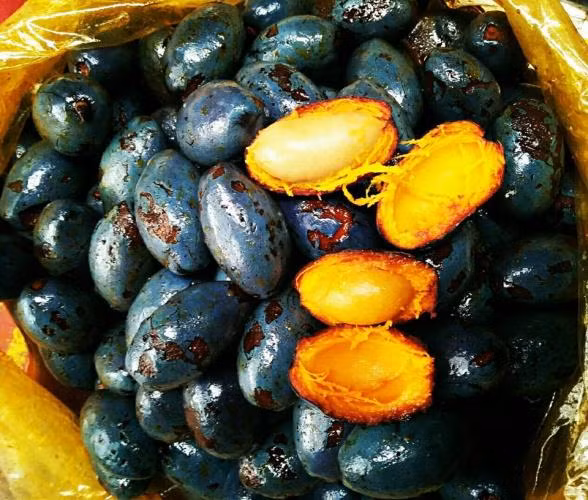 Không chỉ là một món ăn ngon, quả cọ còn là loại quả có giá trị dinh dưỡng cao, chứa nhiều vitamin như vitamin A, vitamin beta-caroten, B1, B2, PP, C,...và một số khoáng chất như sắt, canxi, phốt pho. Ảnh: Internet.