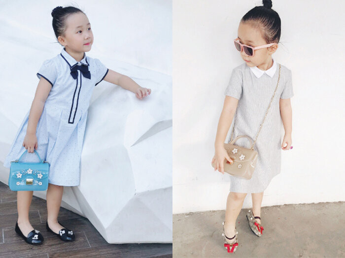 Con gái "chim công làng múa" Linh Nga điệu đà khi đeo túi Furla màu sắc, được phối cùng váy áo theo tông màu, đáng yêu vô cùng.