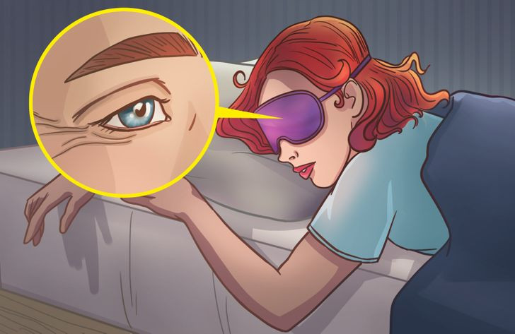 Đeo miếng bịt mắt: Vùng da quanh mắt rất mỏng manh và dễ bị tổn thương. Một số loại bịt mắt ngủ có thể làm tổn thương da và gây viêm, dẫn tới các dấu hiệu lão hóa. Nếu cần đeo bịt mắt khi ngủ, hãy chọn loại làm từ vải mềm, tốt nhất là lụa và không đeo quá chặt.