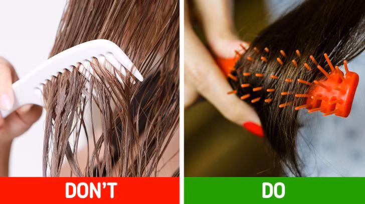 10. Chải tóc ướt: Nhiều người thường có thói quen chải tóc ngay khi vừa gội đầu xong, nhưng đó lại là nguyên nhân khiến cho tóc bị yếu đi nhanh chóng và mất hẳn độ đàn hồi. Nếu bạn cứ cố chải thì các sợi tóc bị kéo căng quá mức và dẫn đến tình trạng gãy, rụng. Ảnh: BS. 