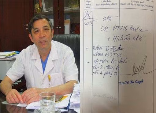 Phó giáo sư Nguyễn Bá Quyết (trái) và sổ khám bệnh của bệnh nhân Trang. Phó giáo sư Nguyễn Bá Quyết (trái) và sổ khám bệnh của bệnh nhân Trang.