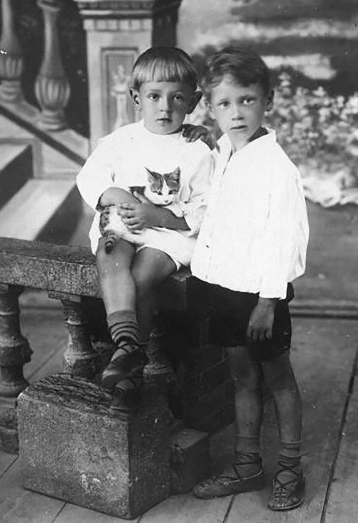 Hai bé trai người Nga chụp ảnh cùng một con mèo.