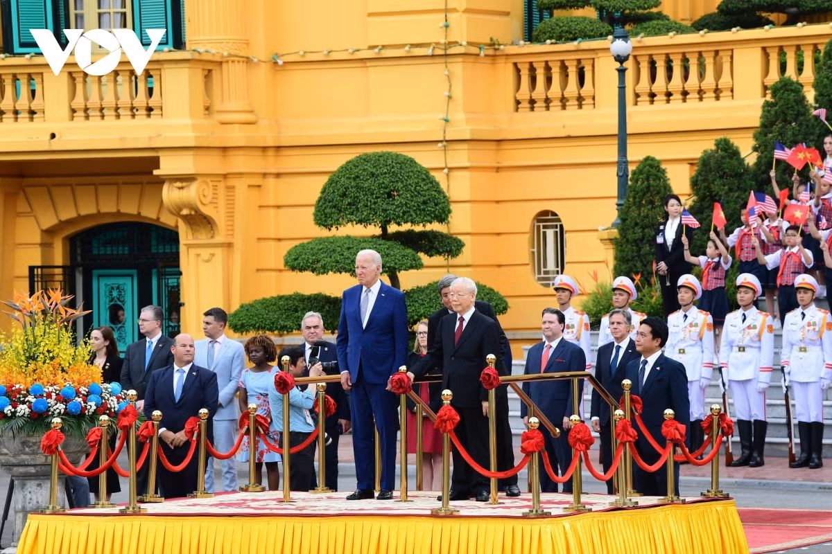 Tổng Bí thư Nguyễn Phú Trọng chủ trì Lễ đón Tổng thống Hoa Kỳ Joe Biden tại Phủ Chủ tịch trong chuyến thăm cấp Nhà nước tới Việt Nam trong 2 ngày 10 và 11/9/2023. Ảnh: VOV.