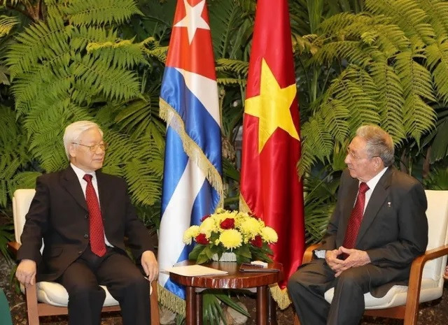 Tổng Bí thư Nguyễn Phú Trọng hội đàm với Bí thư Thứ nhất Đảng Cộng sản Cuba, Chủ tịch Hội đồng Nhà nước và Hội đồng Bộ trưởng Cuba Raul Castro Ruz tại La Habana ngày 29/3/2018. Ảnh: TTXVN.