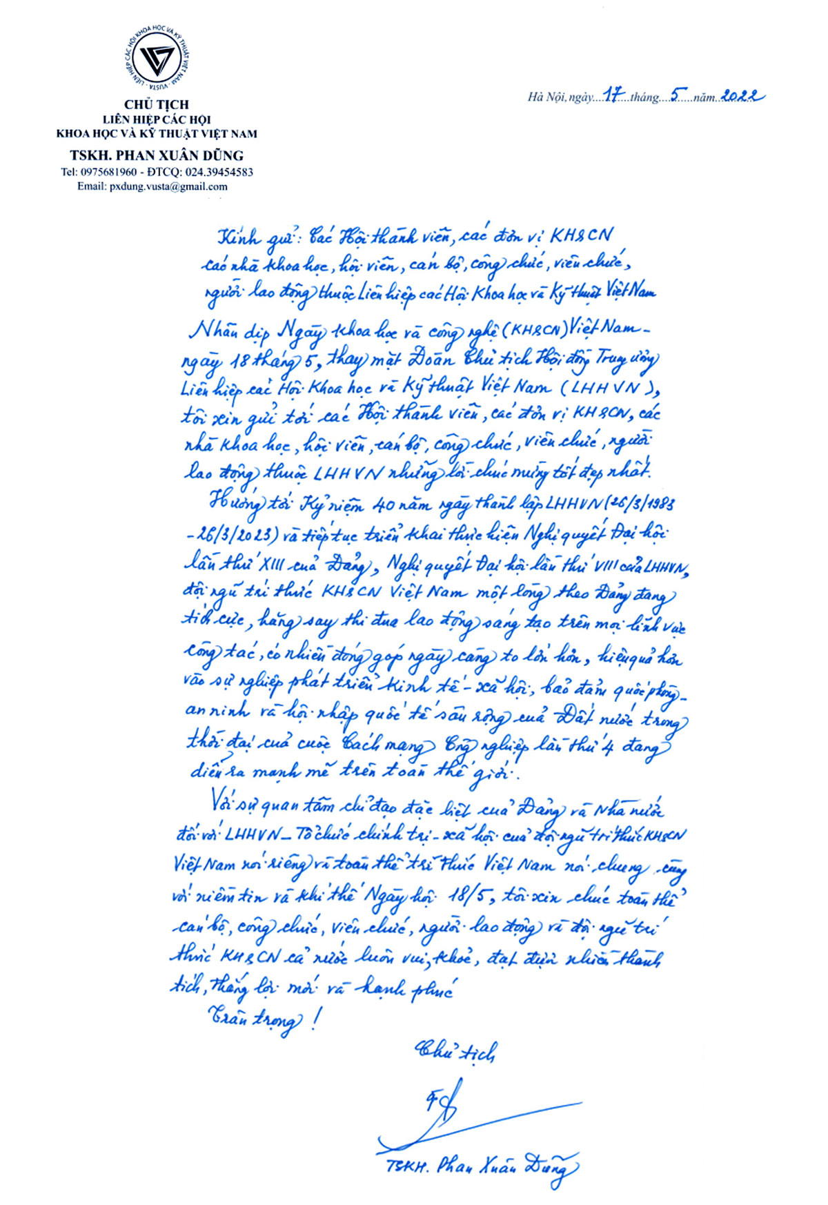 Chu tich VUSTA Phan Xuan Dung gui thu chuc mung nhan ngay Khoa hoc Cong nghe Viet Nam