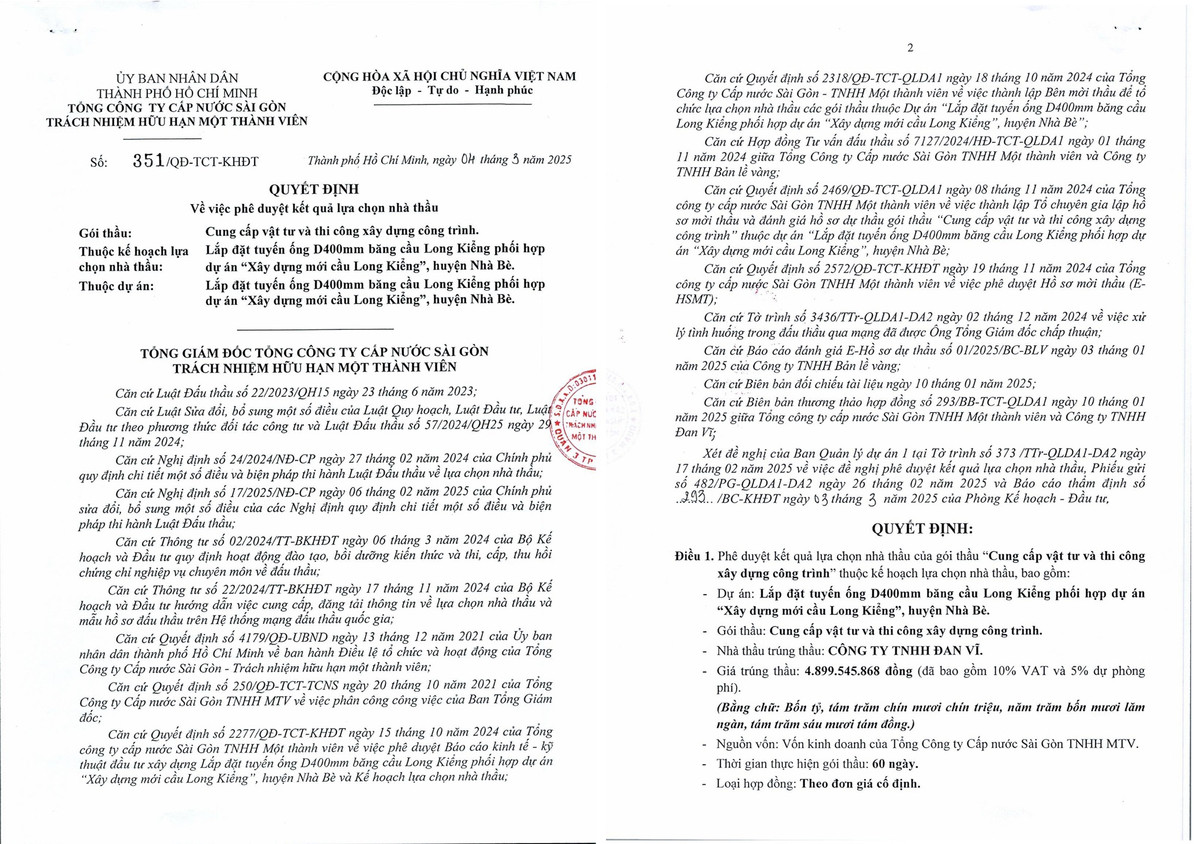 Cấp nước Sài Gòn: Cty Đan Vĩ trúng gói thi công gần 5 tỷ Cap nuoc Sai Gon: Cty Dan Vi trung goi thi cong gan 5 ty