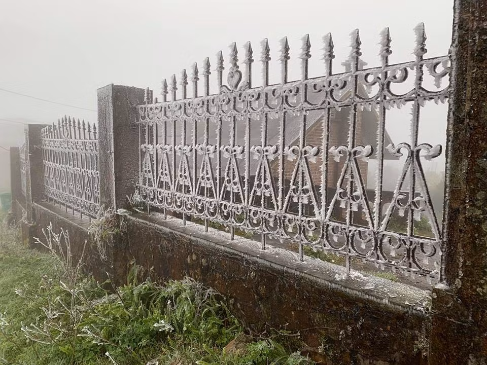 Băng giá đọng lại bên hàng rào ở khu vực đỉnh Mẫu Sơn.