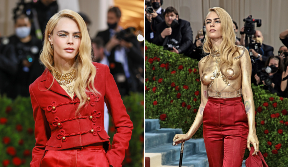 Trong show diễn Savage X Fenty vào tháng 9/2019, Cara Delevingne khoe dáng với thiết kế bó sát tông xanh lá. Mẫu váy lấy cảm hứng từ đồ nội y, phối cùng găng tay opera. Tên tuổi của Cara Delevingne gắn liền với mốt không nội y. Trong show diễn của Dior năm 2021, nữ người mẫu không mặc nội y khi diện suit tông xanh. Tạo hình giúp cô nhìn quyến rũ nhưng không kém phần thanh lịch. Ảnh: Vogue, Dior.