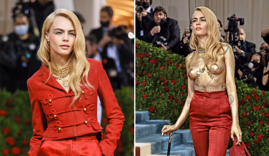 Trong show diễn Savage X Fenty vào tháng 9/2019, Cara Delevingne khoe dáng với thiết kế bó sát tông xanh lá. Mẫu váy lấy cảm hứng từ đồ nội y, phối cùng găng tay opera. Tên tuổi của Cara Delevingne gắn liền với mốt không nội y. Trong show diễn của Dior năm 2021, nữ người mẫu không mặc nội y khi diện suit tông xanh. Tạo hình giúp cô nhìn quyến rũ nhưng không kém phần thanh lịch. Ảnh: Vogue, Dior.