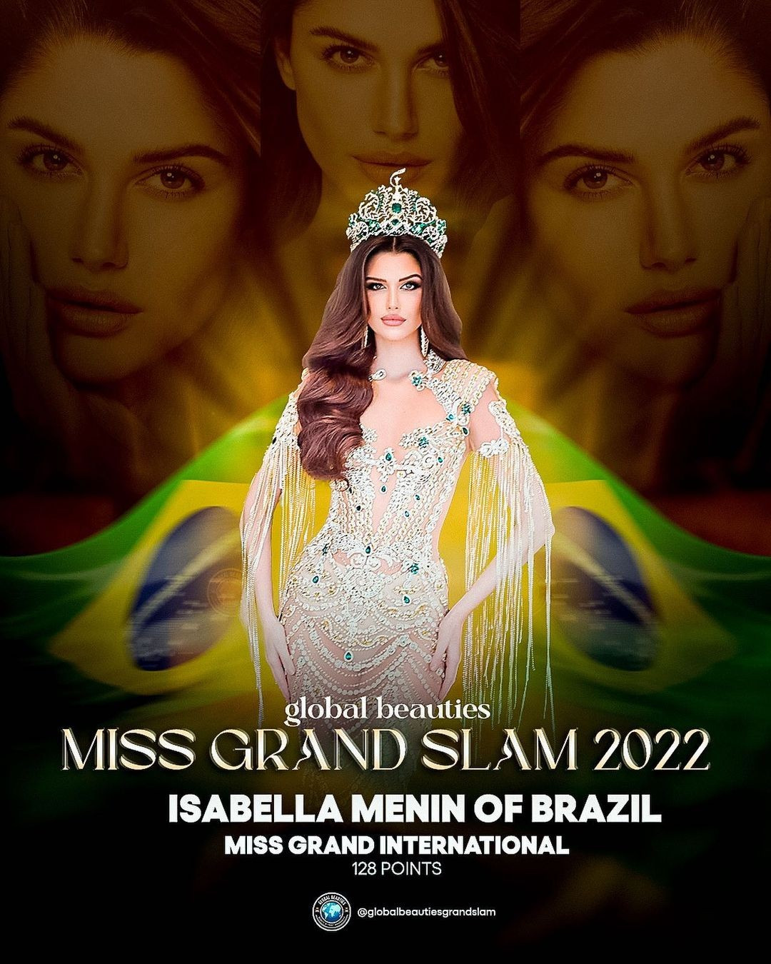 Tối 4/3, chuyên trang sắc đẹp Globalbeauties công bố kết quả cuộc bình chọn Miss Grand Slam - Hoa hậu đẹp nhất Thế giới 2022. Kết quả, Hoa hậu Hòa bình Quốc tế 2022 Isabella Menin đã giành chiến thắng với số điểm 128. Á hậu 1 Miss Universe 2022 Amanda Dudamel đứng thứ 2 cuộc bình chọn với 117 điểm.