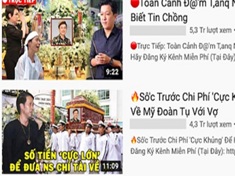 1 năm trước, khi nghệ sĩ Chí Tài qua đời, trên Youtube xuất hiện nhiều video giả livestream đám tang nam nghệ sĩ. Thực tế, nội dung video chủ yếu là phát lại hình ảnh cố nghệ sĩ kèm lời tiếc thương của giới nghệ sĩ.