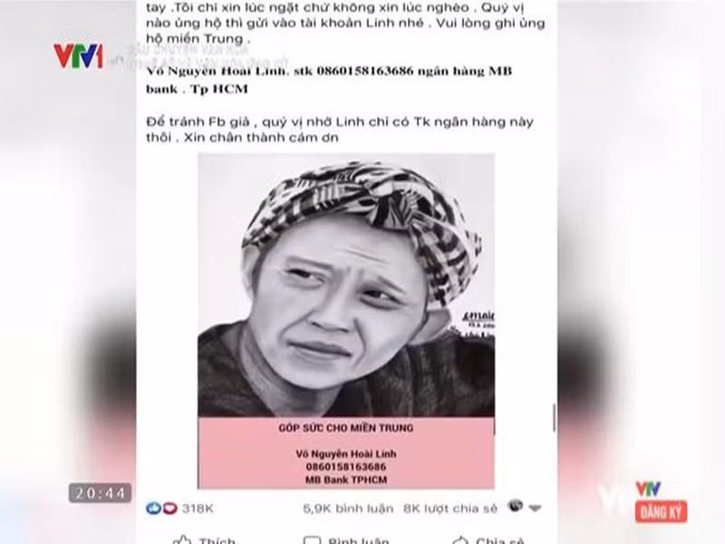 VTV còn gọi tên danh hài Hoài Linh. BTV Kim Ngân cho hay: “Nghệ sĩ Hoài Linh kêu gọi được 14 tỷ đồng nhưng trong 4 tháng tiền cứu trợ vẫn chưa đến được nơi cần đến. Chỉ khi dư luận lên tiếng, ông mới giải ngân”.