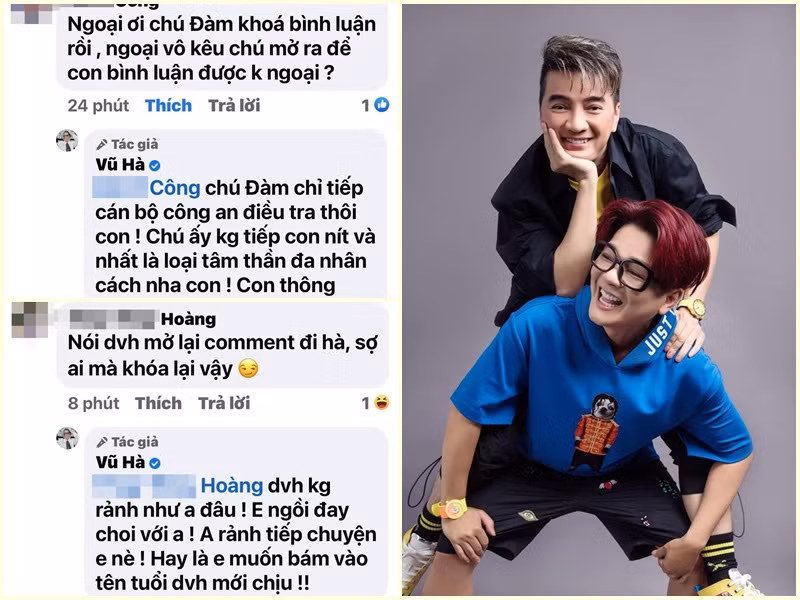 Cụ thể, khi một tài khoản "cà khịa" Đàm Vĩnh Hưng: "Sợ ai mà khóa bình luận lại vậy?". Vũ Hà đáp: "Đàm Vĩnh Hưng không rảnh như anh đâu. Em ngồi đây chơi với anh. Anh rảnh tiếp chuyện em nè. Hay là em muốn bám vào tên tuổi Đàm Vĩnh Hưng mới chịu". Hay một tài khoản khác đặt nghi vấn Đàm Vĩnh Hưng ăn chặn từ thiện để sắm quần, khuyên Vũ Hà đừng lấy mặc, Vũ Hà mắng cư dân mạng này: "Ông bà ta có câu mẹ nào con đó. Ngoại cũng mong công an vào cuộc sớm, để nhốt hết mấy kẻ mở miệng ra là chụp mũ người khác". Ảnh: Vietnamnet