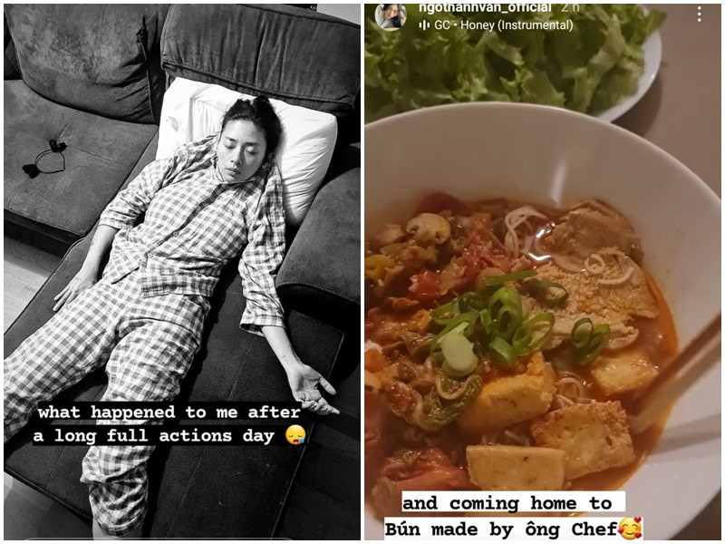 Ngô Thanh Vân đang quay phim ở nước ngoài. Cô khoe được bạn trai nấu ăn cho trước và sau khi đi làm về.