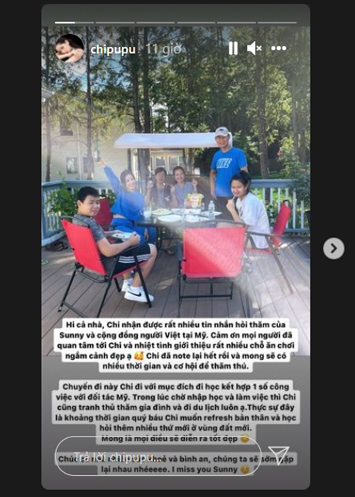 Trước những đồn đoán, Chi Pu vừa lên tiếng về lý do thực sự ở Mỹ. Cô cho biết: “Chuyến đi này Chi đi với mục đích đi học kết hợp một số công việc với đối tác ở Mỹ. Trong lúc chờ nhập học và làm việc, Chi tranh thủ thăm gia đình và đi du lịch".