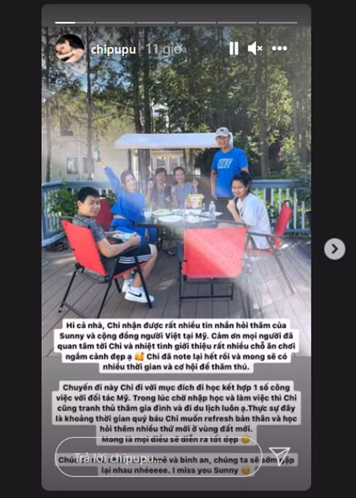 Trước những đồn đoán, Chi Pu vừa lên tiếng về lý do thực sự ở Mỹ. Cô cho biết: “Chuyến đi này Chi đi với mục đích đi học kết hợp một số công việc với đối tác ở Mỹ. Trong lúc chờ nhập học và làm việc, Chi tranh thủ thăm gia đình và đi du lịch".