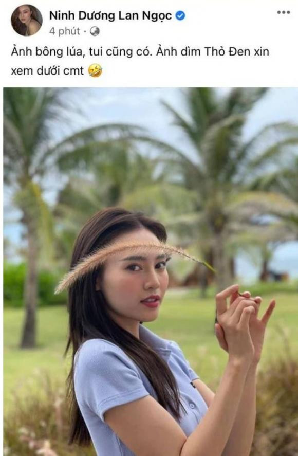 Chưa dừng lại ở đó, Lan Ngọc còn lầy lội khi khoe visual cực xinh lên trang cá nhân, kèm chú thích: "Ảnh bông lúa, tui cũng có. Ảnh dìm Thỏ Đen xin xem dưới comment".