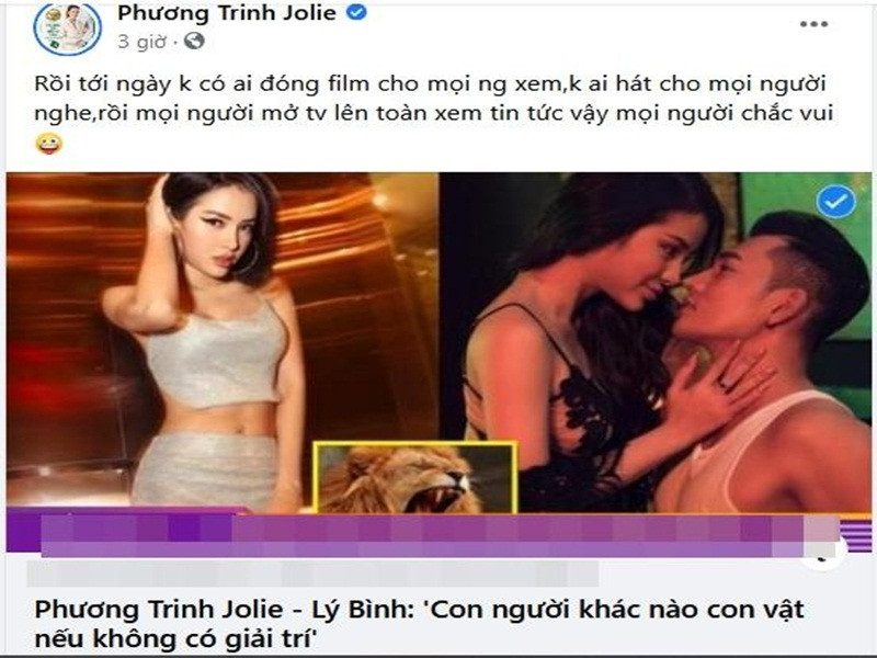 Mới đây, trên trang cá nhân, Phương Trinh Jolie đăng tải đường link bài viết có tựa đề: "Phương Trinh Jolie - Lý Bình: Con người khác nào con vật nếu không có giải trí'". Đi kèm với đó, nữ diễn viên viết: "Rồi tới ngày không có ai đóng phim cho mọi người xem, không ai hát cho mọi người nghe, rồi mọi người mở tivi lên toàn xem tin tức vậy chắc vui". Ảnh: Vietnamnet