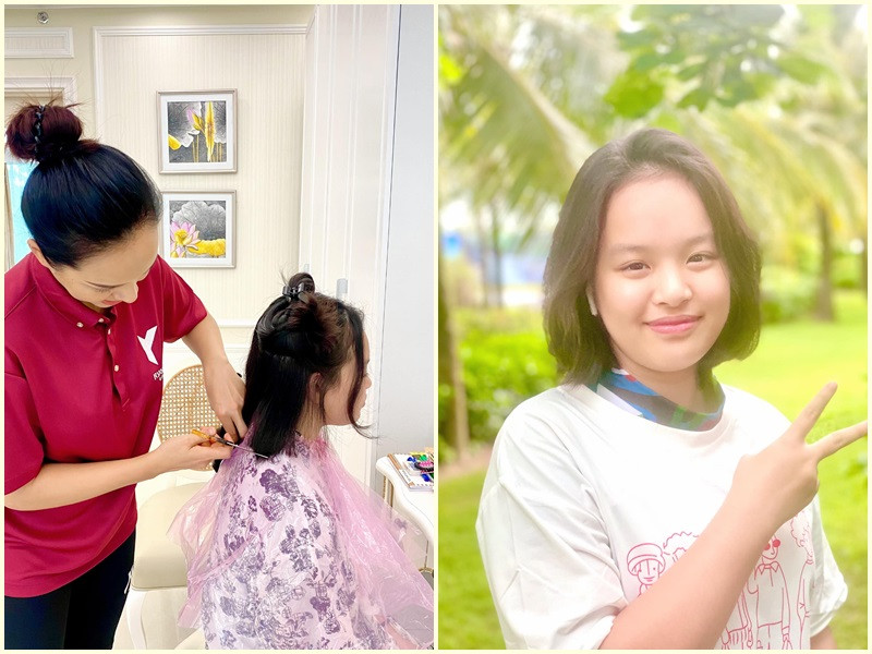 Thúy Hạnh dùng kéo cắt giấy văn phòng cắt tóc cho con gái trong những ngày ở đảo.