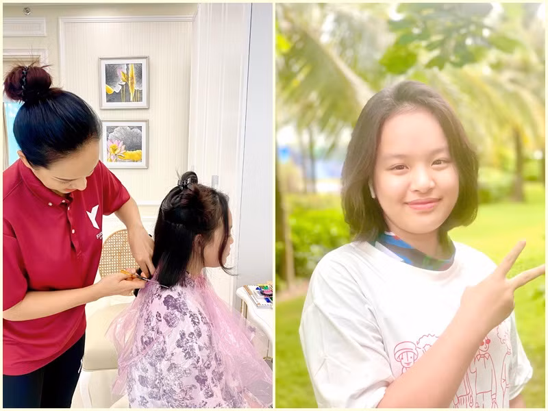 Thúy Hạnh dùng kéo cắt giấy văn phòng cắt tóc cho con gái trong những ngày ở đảo.