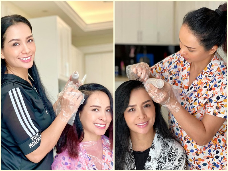 Thúy Hạnh và chị gái song sinh Thúy Hằng nhuộm tóc cho nhau.