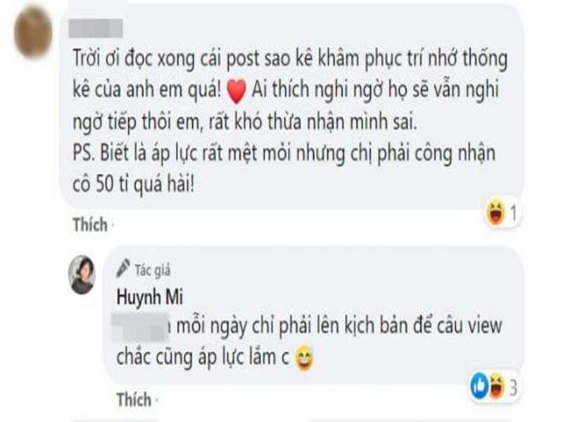 Huỳnh Mi cũng còn gây chú ý khi để lại bình luận bóng gió về doanh nhân Phương Hằng - người hứa tặng Trấn Thành 50 tỷ nếu anh sao kê từ thiện. Ảnh: Công lý và xã hội