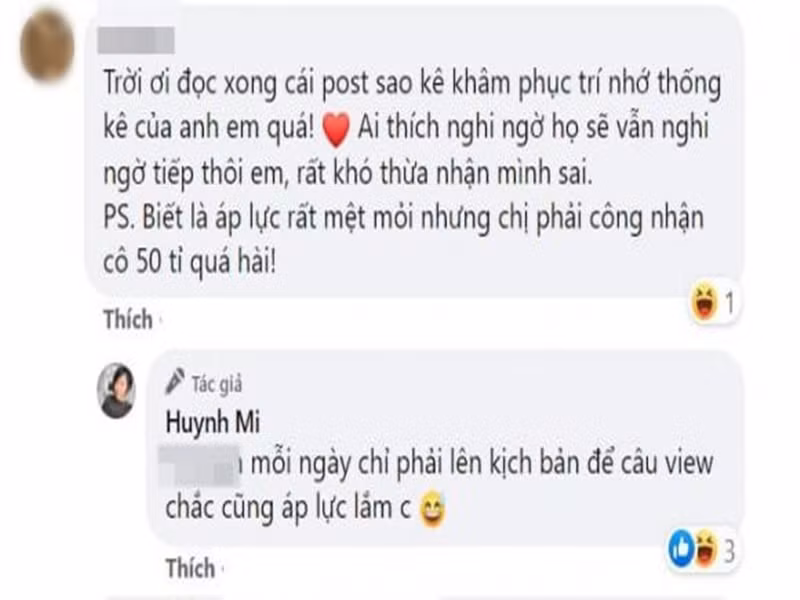 Huỳnh Mi cũng còn gây chú ý khi để lại bình luận bóng gió về doanh nhân Phương Hằng - người hứa tặng Trấn Thành 50 tỷ nếu anh sao kê từ thiện. Ảnh: Công lý và xã hội