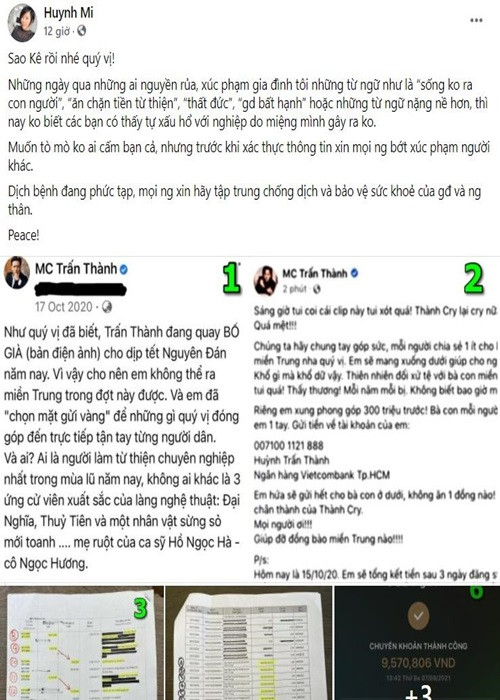 Huỳnh Mi - em gái của Trấn Thành cũng lên tiếng. Cô chia sẻ khi anh trai công khai bản sao kê: "Những ngày qua những ai xúc phạm gia đình tôi những từ ngữ như là sống không ra con người, ăn chặn tiền từ thiện, thất đức, gia đình bất hạnh hoặc những từ ngữ nặng nề hơn, thì nay không biết các bạn có thấy tự xấu hổ với nghiệp do miệng mình gây ra không. Muốn tò mò không ai cấm bạn cả, nhưng trước khi xác thực thông tin xin mọi người bớt xúc phạm người khác”. Ảnh: Yan